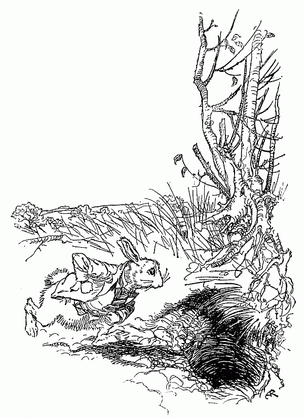 Arthur Rackham’s White Rabbit running towards its hole