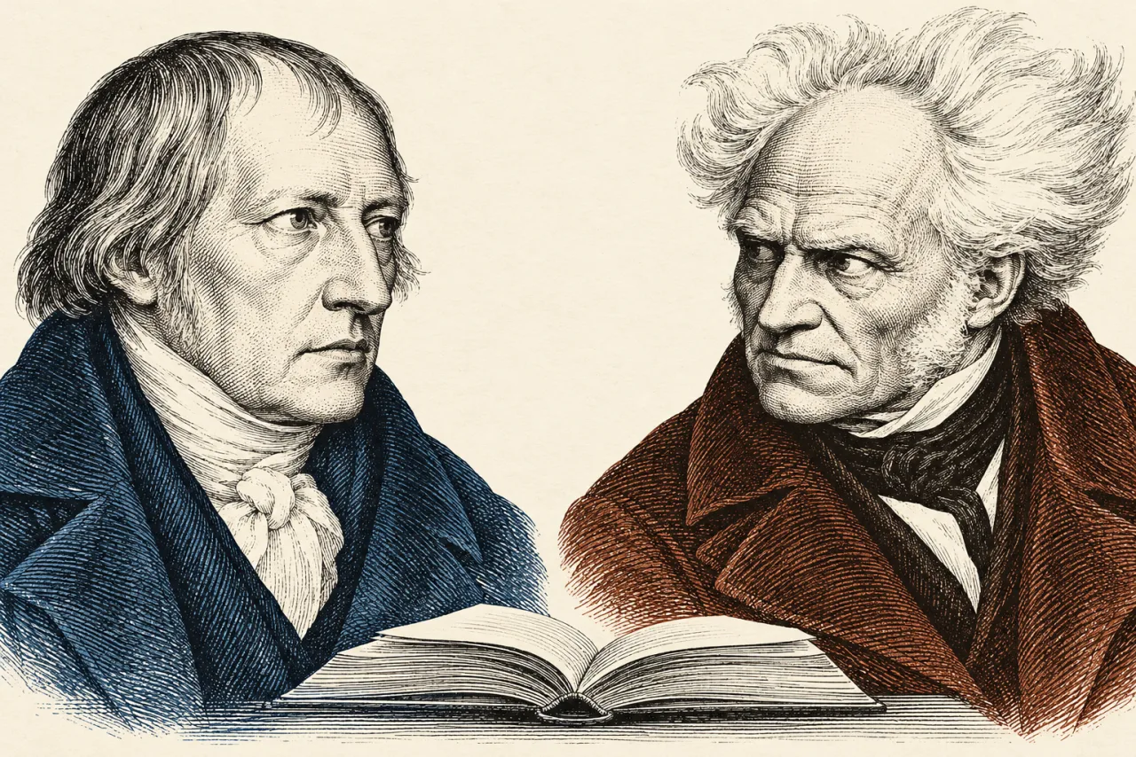 An editorial illustration of Hegel and Schopenhauer facing each other over an open book